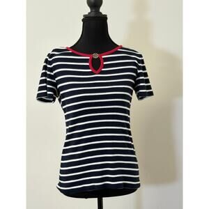 Tommy Hilfiger Navy Blue Striped Short Sleeve Sweater W/Red V-neck